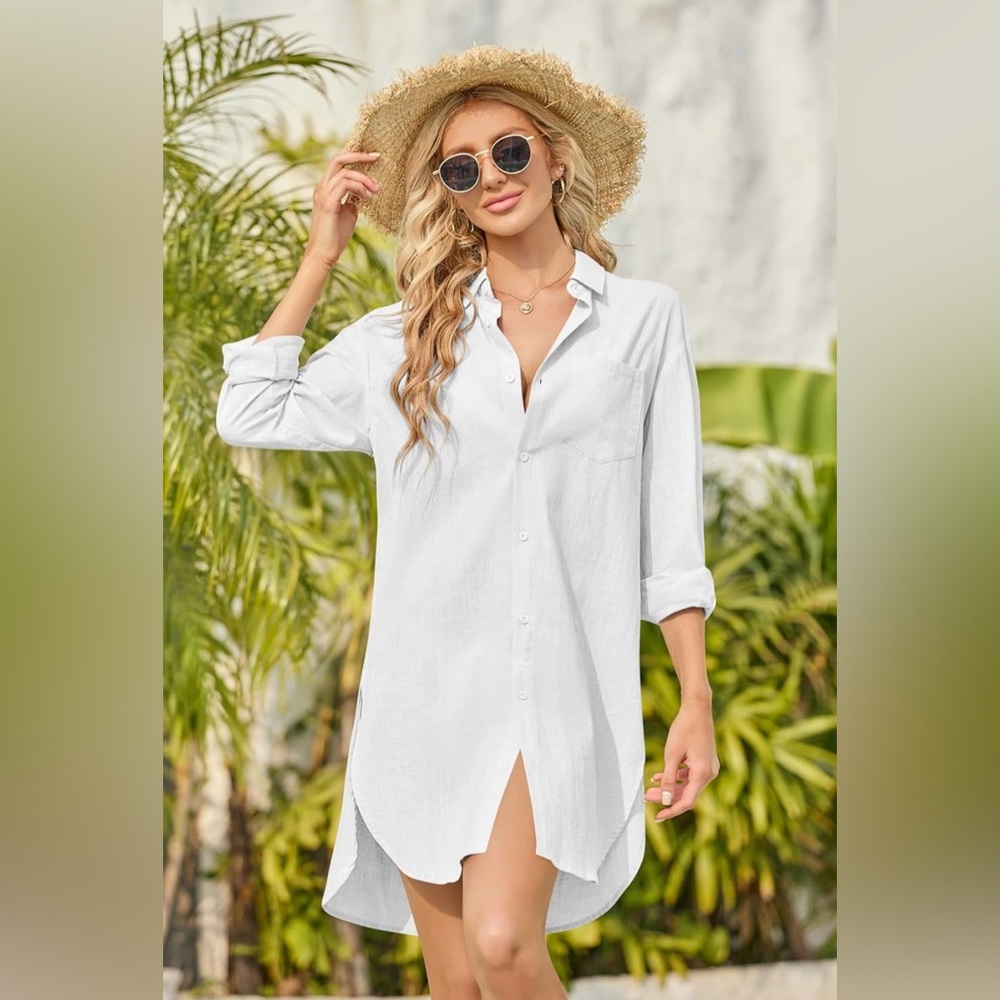 Runcati Women's Linen Button Down Shirt – Loose Tunic Top Cover Up Dress - NWT